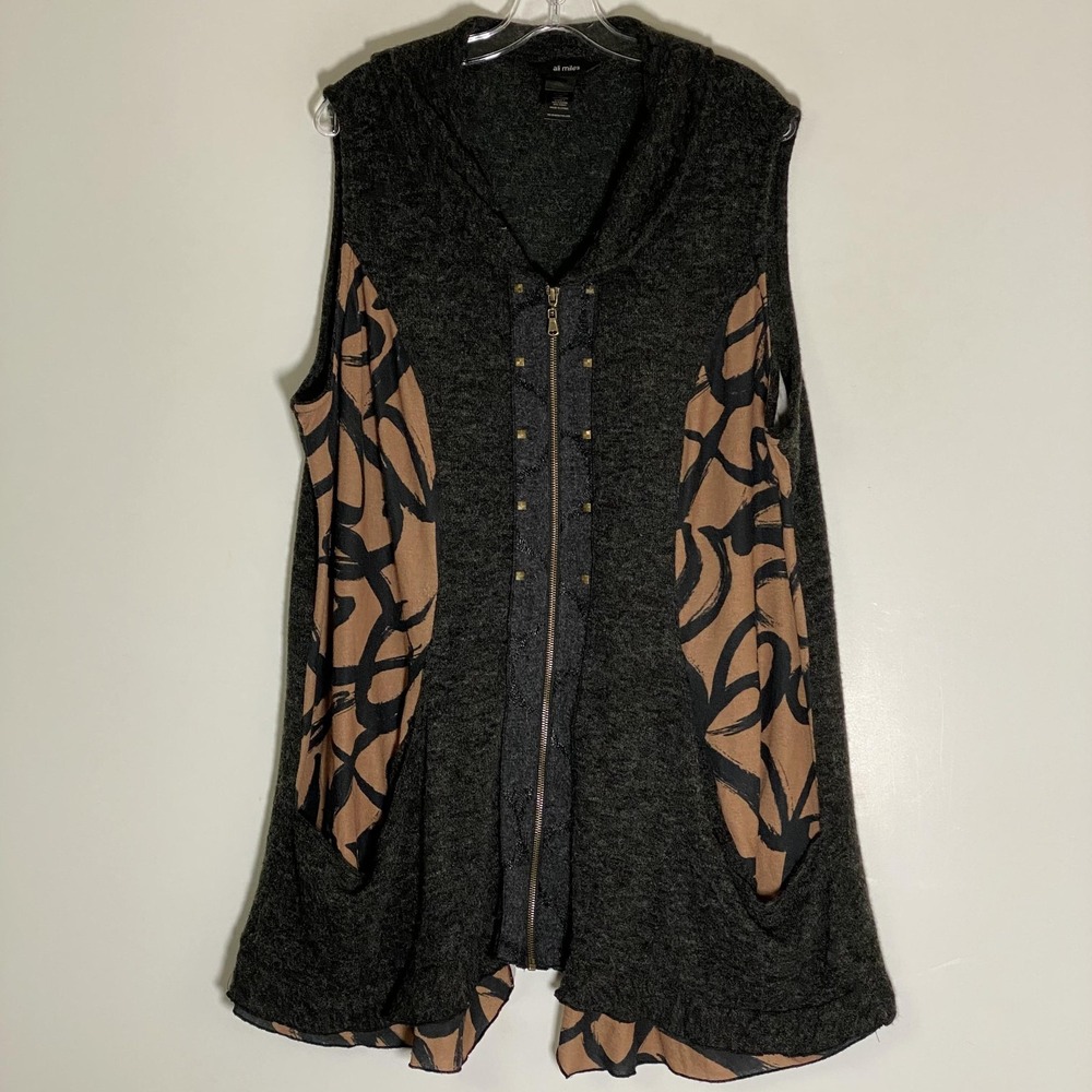 Ali Miles Sweater Vest Womens 2X Gray Zip Front Pockets Abstract Classy Boho
